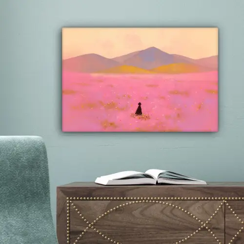 Bloemenweide - Heuvels - Silhouet - Roze canvas 2cm klein -sfeer4