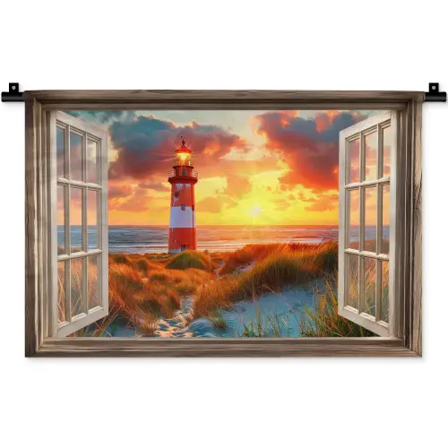 Doorkijk - Raam - Vuurtoren - Zonsondergang - Strand Wandkleed katoen klein -zz3d