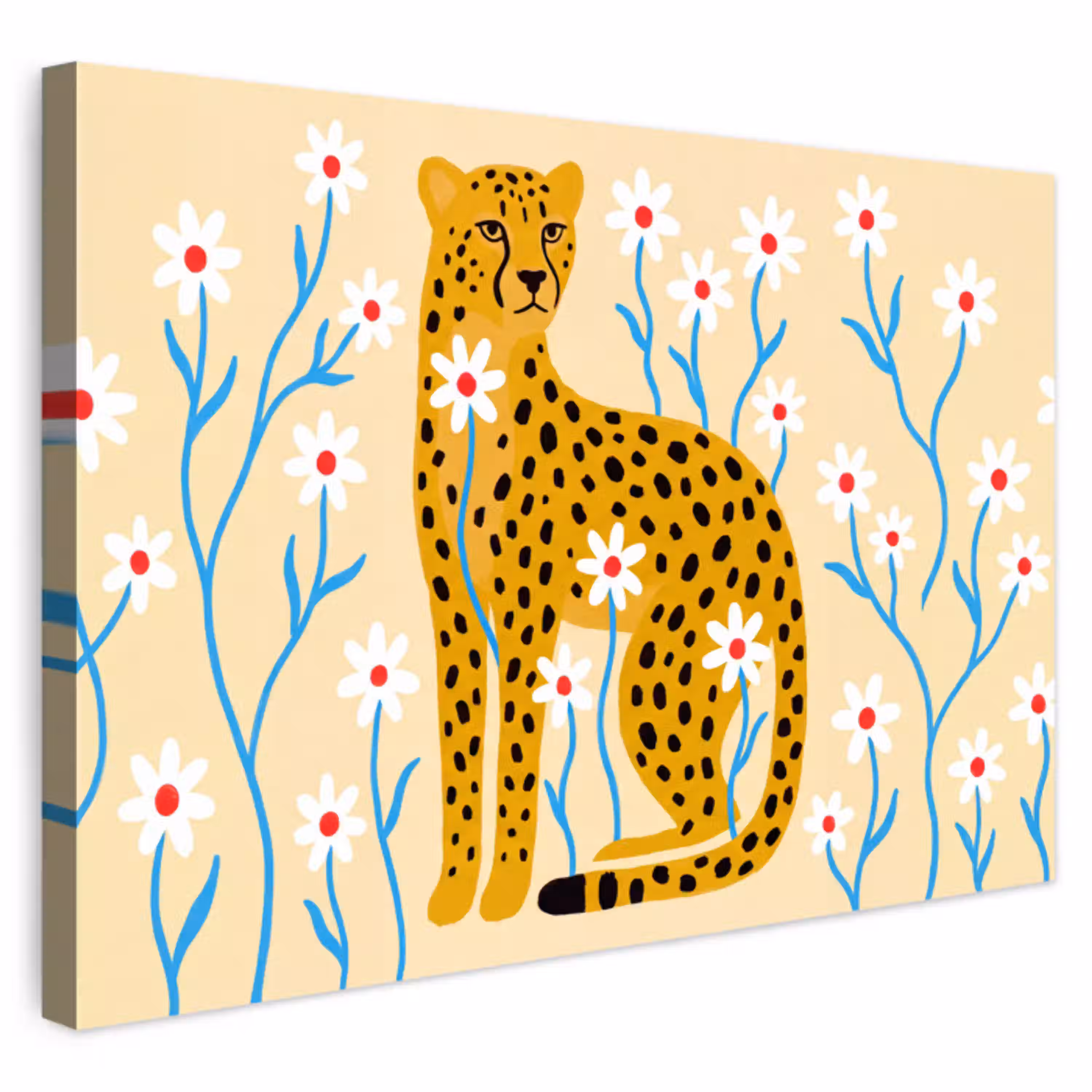 Dieren - Jachtluipaard - Bloemen - Modern - Geel Tuinposter op houten frame 2 cm dik klein -3d