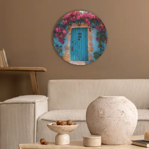 Deur - Hout - Bloemen - Blauw Akoestische PET Vilt - Rond klein -sfeer1