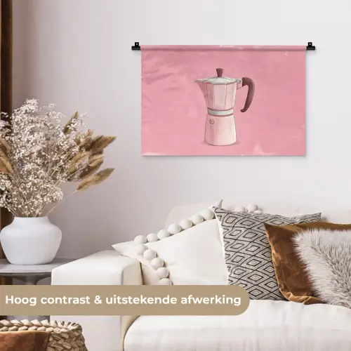 Roze - Mokkapot - Illustratie - Koffie Wandkleed katoen klein -sfeer1