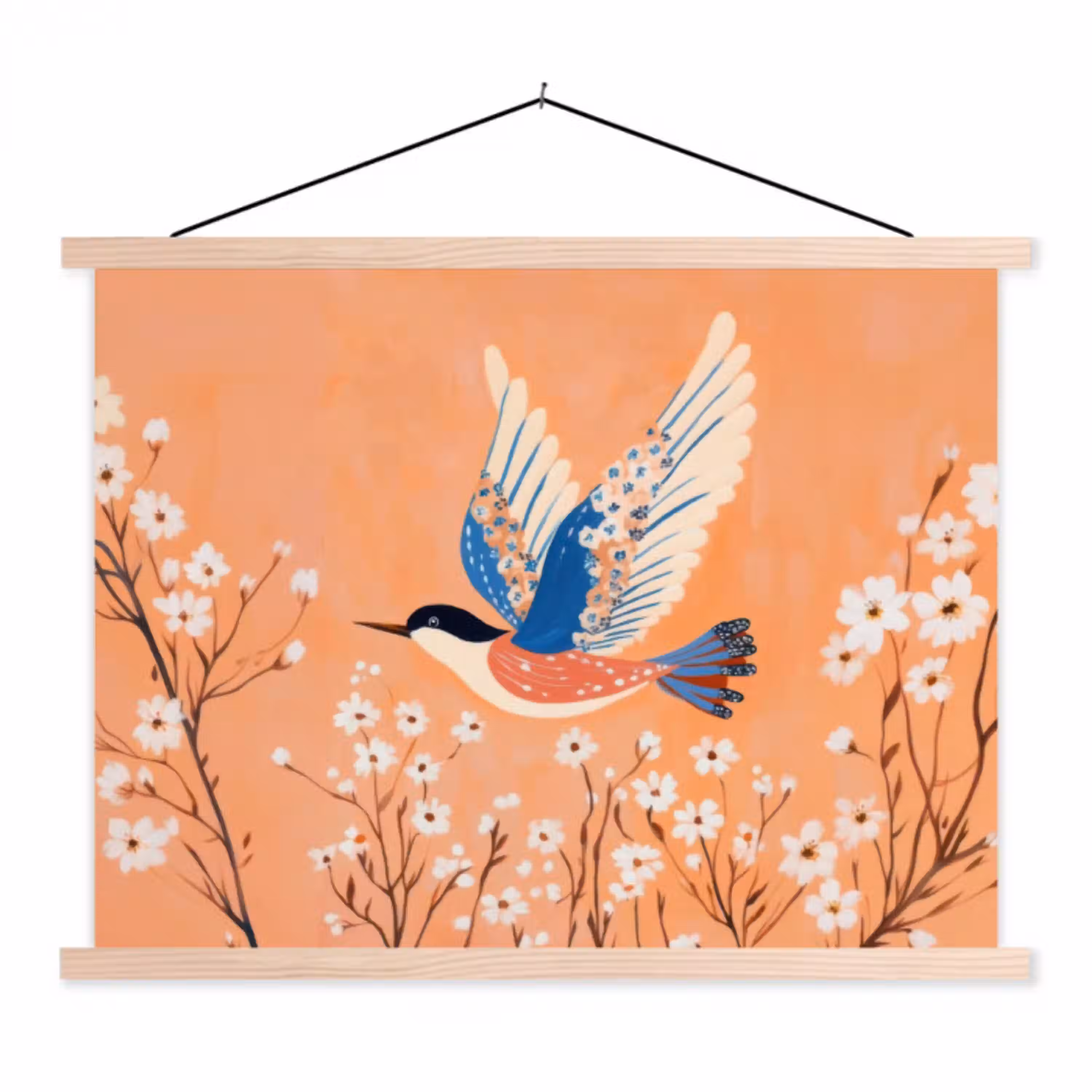 Vogel - Bloesemtakken - Warm - Kleurrijk textielposter latten blank klein -3d