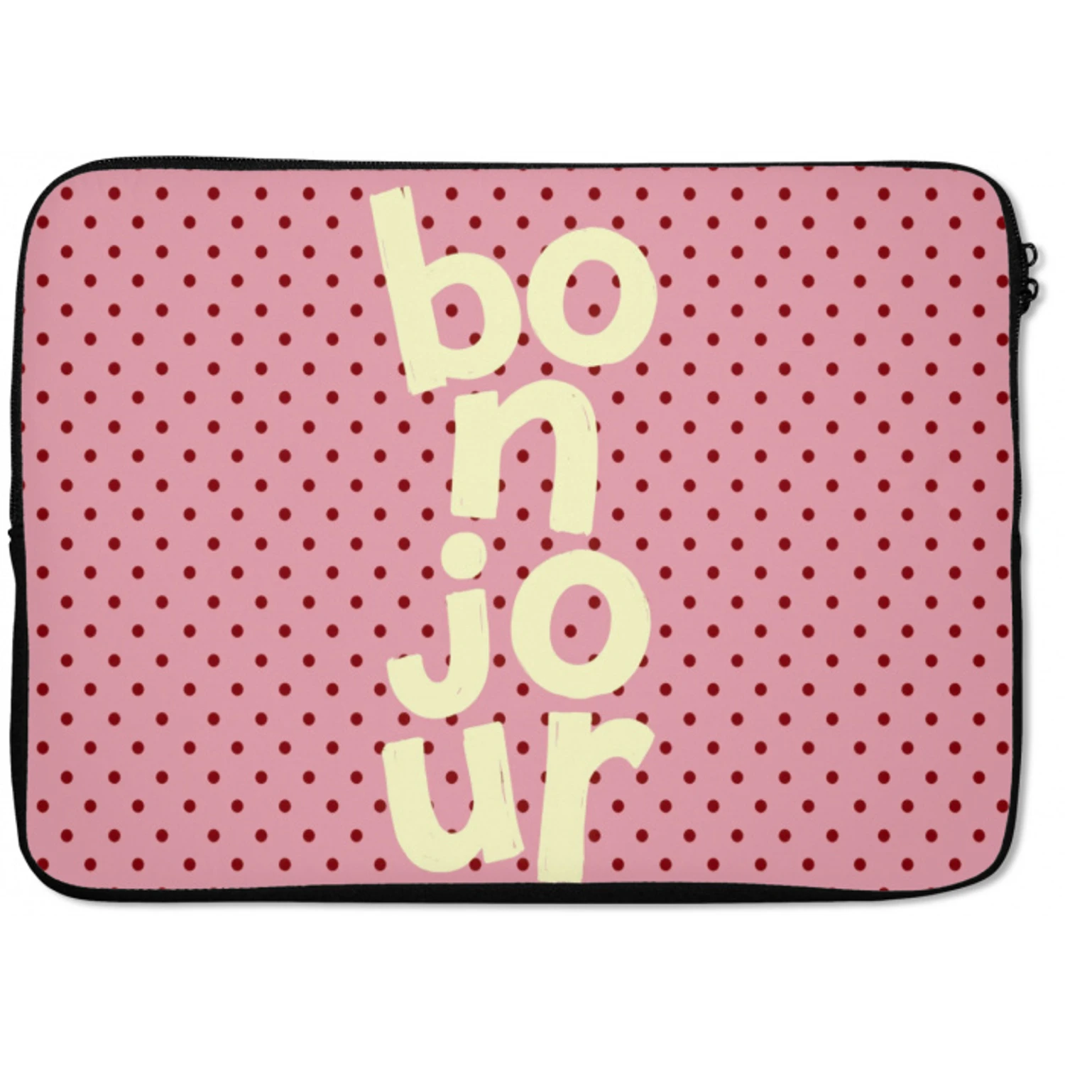 Bonjour - Stippen - Roze- Geel laptophoes neopreen klein -zkaufland3dotto