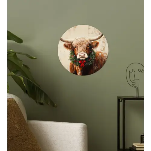 Kerst - Schotse Hooglander - Bruin - Krans Wandcirkel behangsticker klein -sfeer2