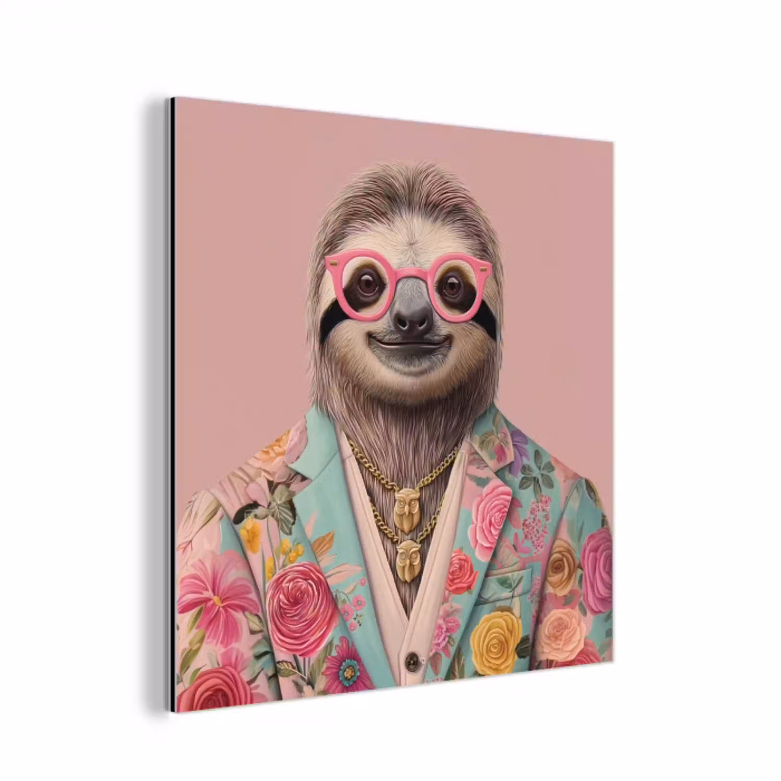 Luiaard - Bloemenprint - Bril - Roze aluminium wit klein -3d