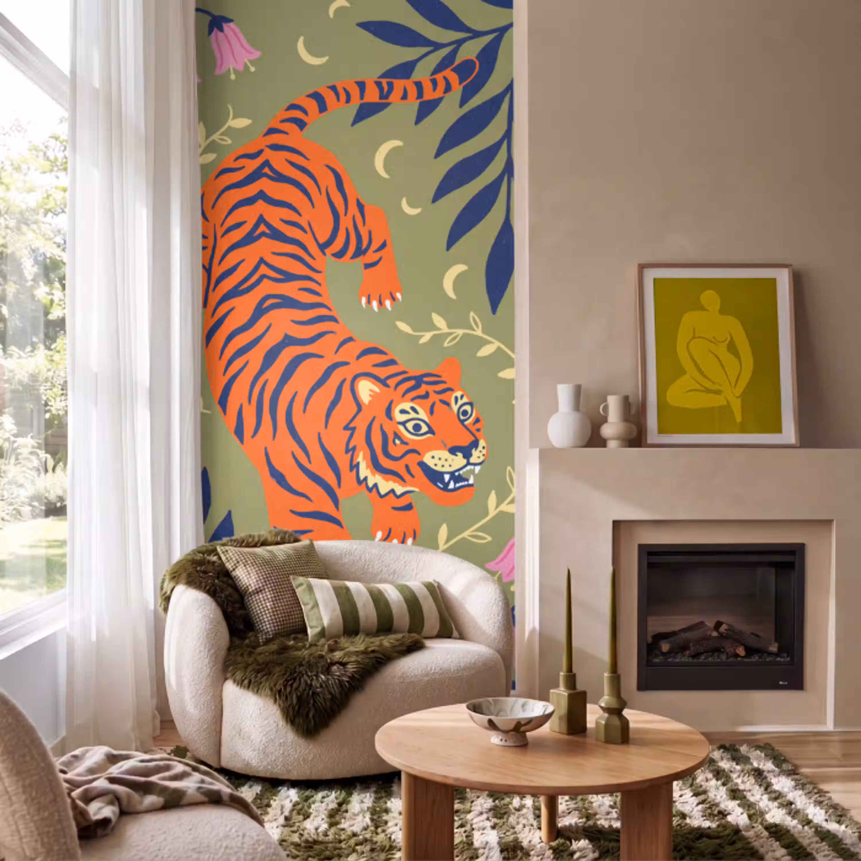 Tijger - Bladeren - Dieren - Illustratie - Oranje Behang Vlies klein -sfeer2