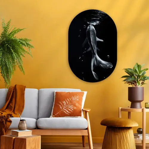 Koi - Vissen - Water - Zwart Wandcirkel Ovaal Glas middel -sfeer4