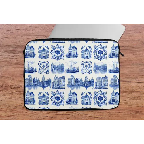 Huizen - Schepen - Blauw laptophoes neopreen klein 279 -tafel