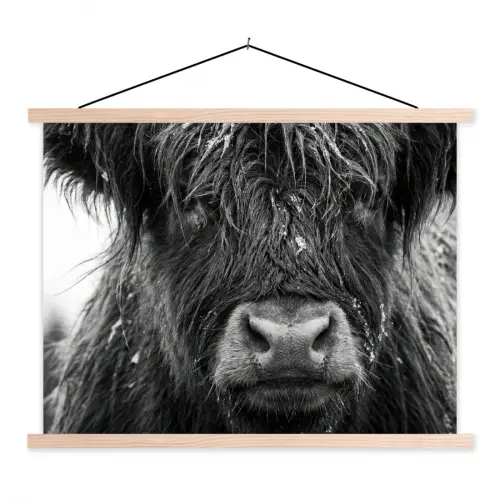 Schotse hooglander - Zwart - Wit - Sneeuwvlokken textielposter latten blank klein -3d
