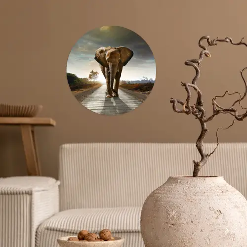Olifant - Weg - Dieren - Zonsondergang - Landschap Wandcirkel behangsticker klein -sfeer1