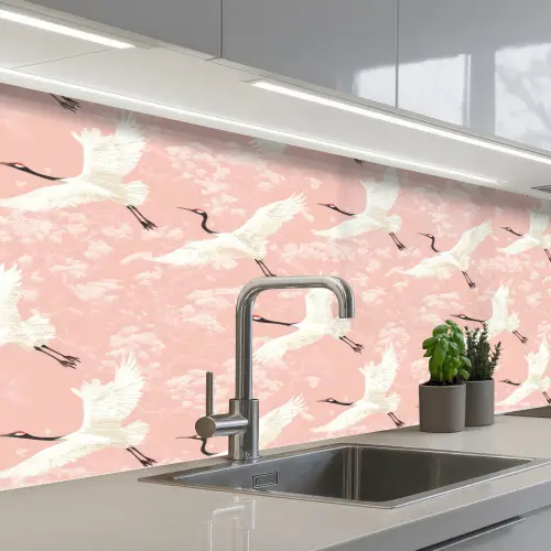 Kraanvogels - Bloesem - Roze keuken achterwand 2 middel 871 -3d_schuin