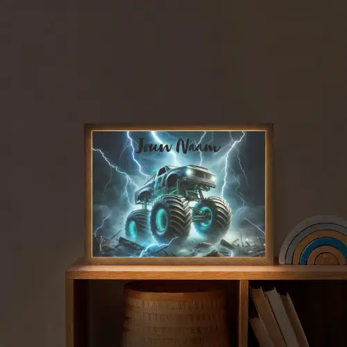 Monstertruck - Bliksem - Blauw - Jongens - Auto Light Box met batterij (Wandlamp kind) middel -sfeer1_kind