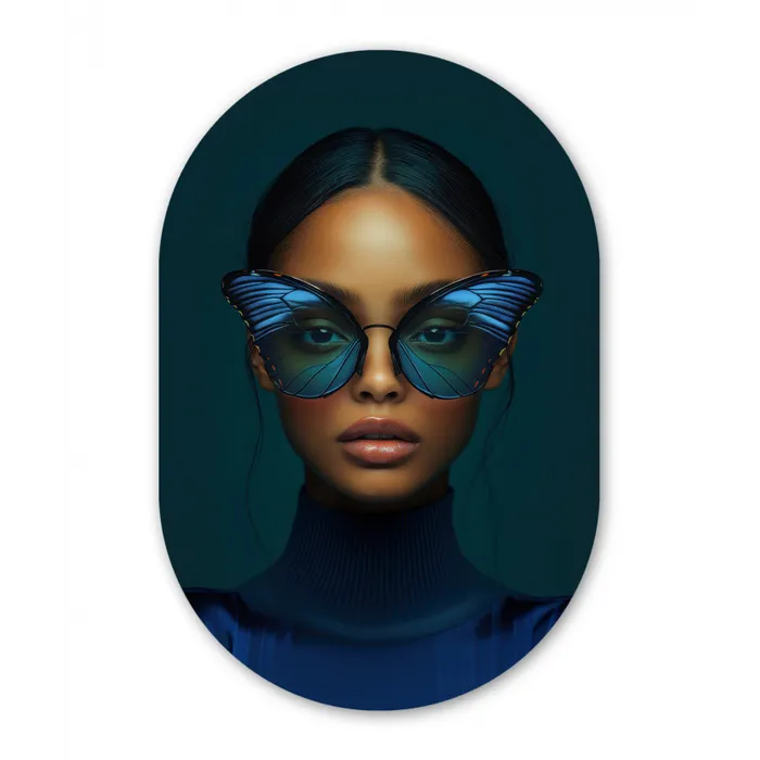 Vrouw - Vlinder - Bril - Blauw - Modern - Portret Wandcirkel Ovaal Glas middel -3d