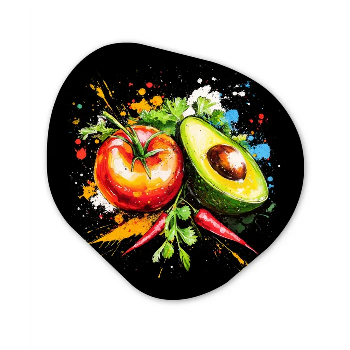 Tomaat - Avocado - Peper - Graffiti - Verf - Modern Wandcirkel Organisch Plexiglas middel -3d