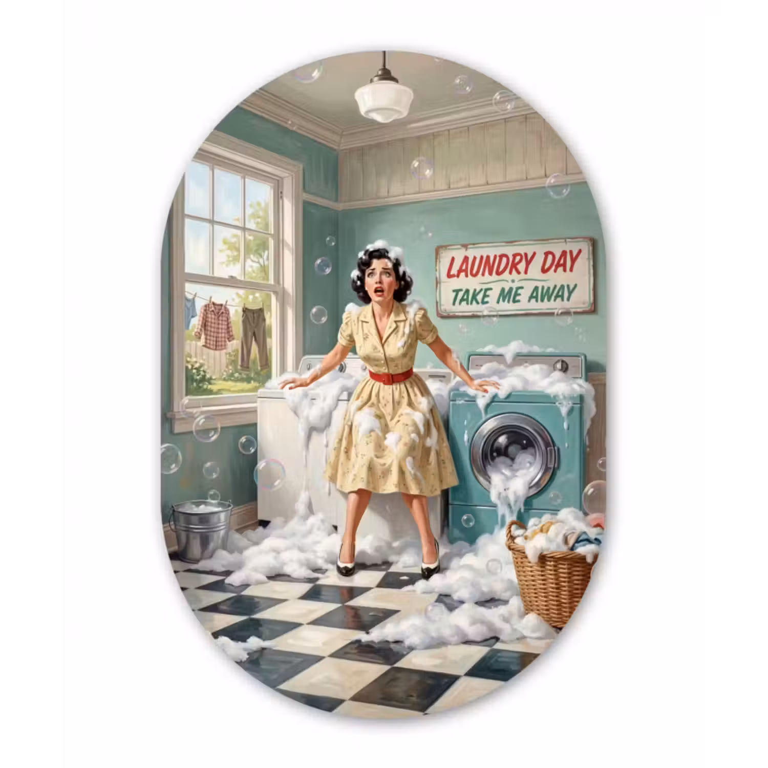 Alu-Dibond-Bild Oval - Retro - Blau - Frau
