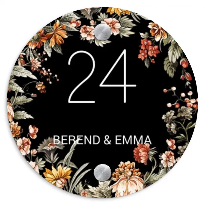 Bloemen - Zwart - Klassiek Naambord Rond klein -3d