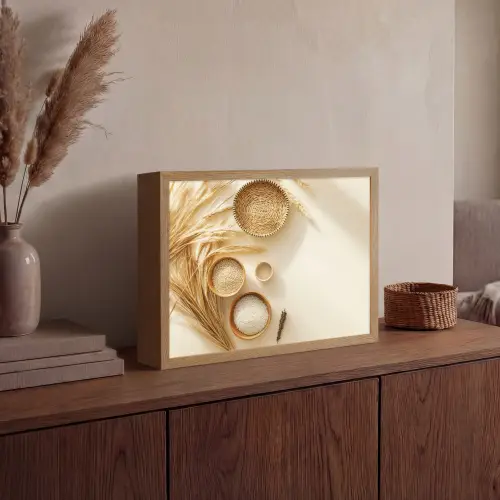 Granen - Hout - Kom - Beige Light Box met batterij (Wandlamp) middel -sfeer2
