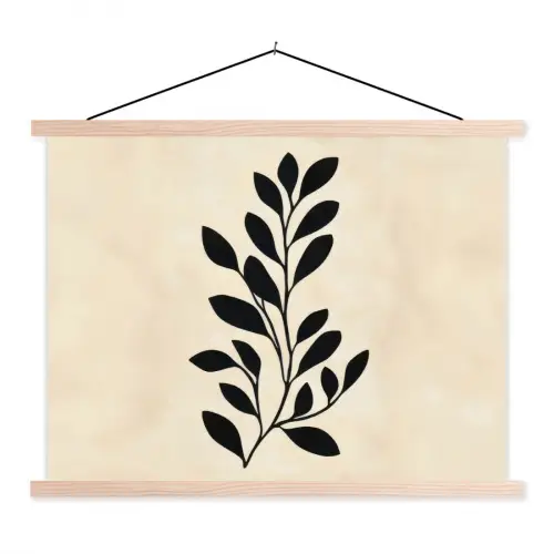 Minimalistisch - Tak - Bladeren - Zwart textielposter latten blank klein -3d