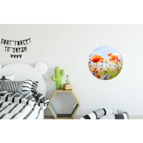 Bloemen - Klaproos - Lente - Natuur - Rood - Blauw Wandcirkel aluminium klein -kinderkamer