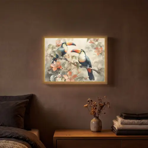 Toekan - Vogels - Bloemen - Tak Light Box met batterij (Wandlamp) middel -sfeer4