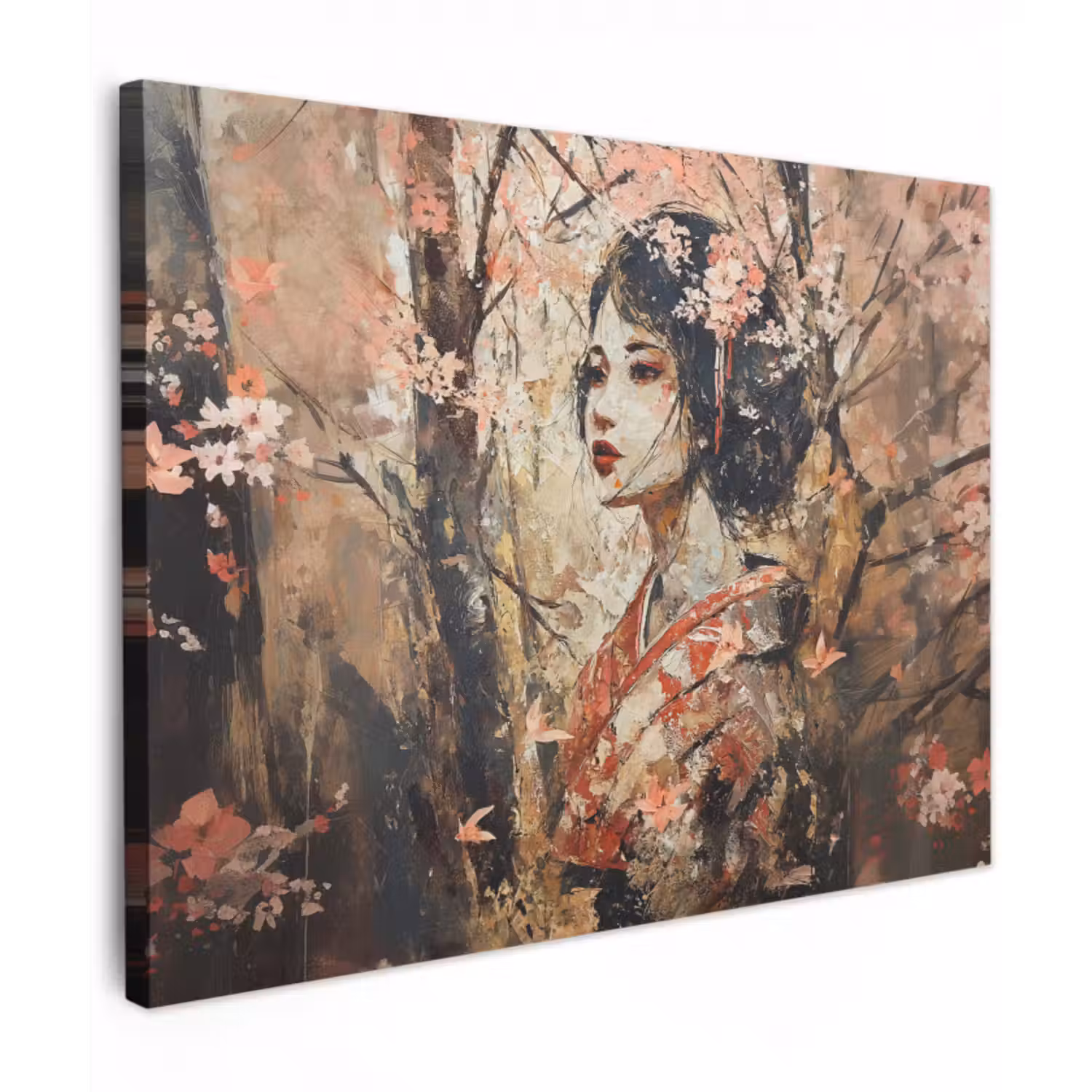 Leinwandbild - Kimono - Frau - Kirschbäume
