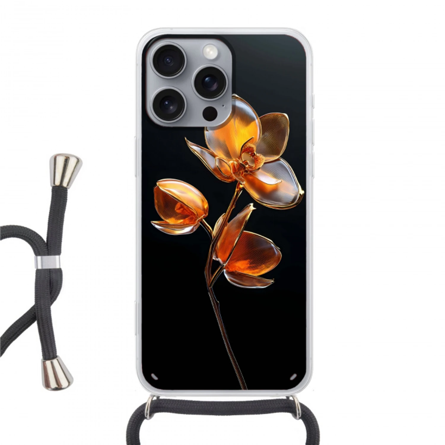 Bloem - Orchidee - Oranje Hoesje iPhone 16 Pro Max met koord klein -3d