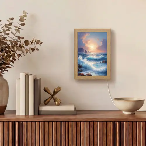 Golven - Zee - Kleurrijk - Rotsen Light Box met kabel (Tafellamp) klein -sfeer2