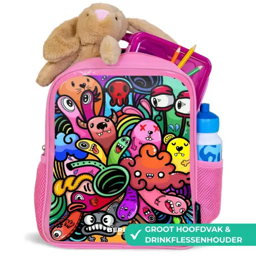 Vrolijke monsterchaos Kinderrugzak - Roze middel -inhoud_NL