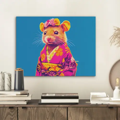 Muis - Kimono - Bloemen - Blauw PET vilt klein -sfeer1