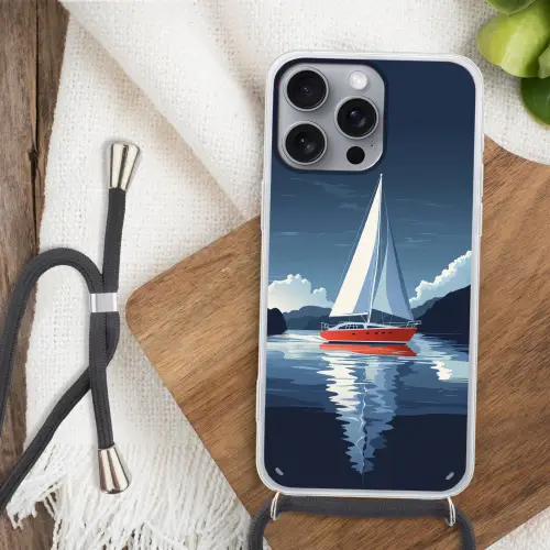Zeilboot - Donkere bergen - Stilte Hoesje iPhone 16 Pro Max met koord klein -sfeer4