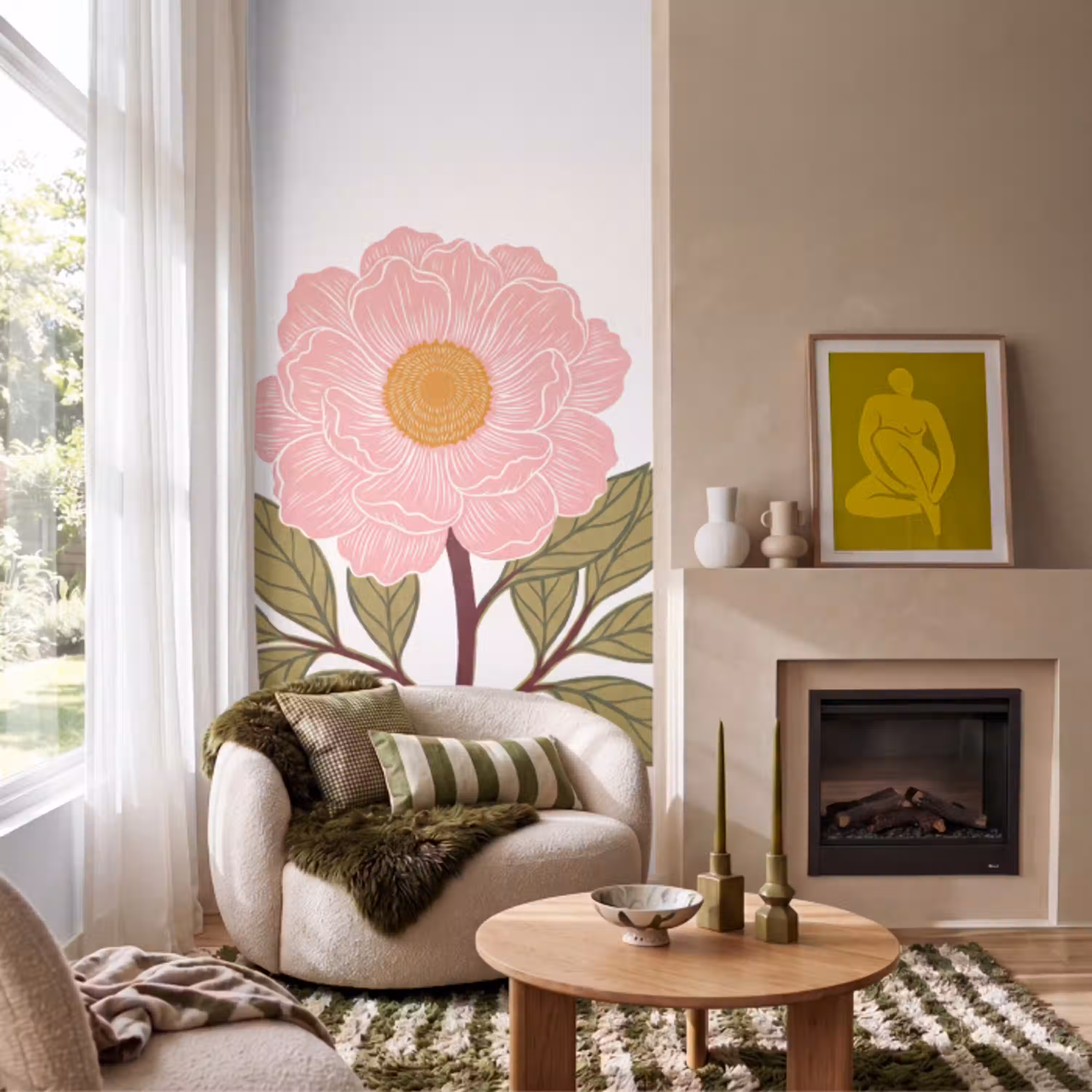 Bloemen - Roze - Illustratie Behang Vlies klein -sfeer2
