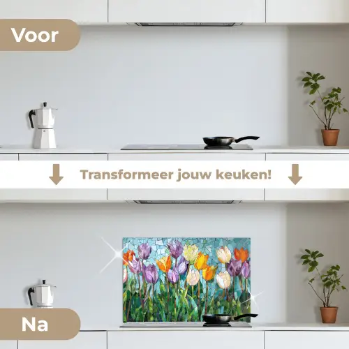 Mozaïek - Veld - Tulpen - Kleurrijk keuken achterwand spatscherm klein -voor_na_NL