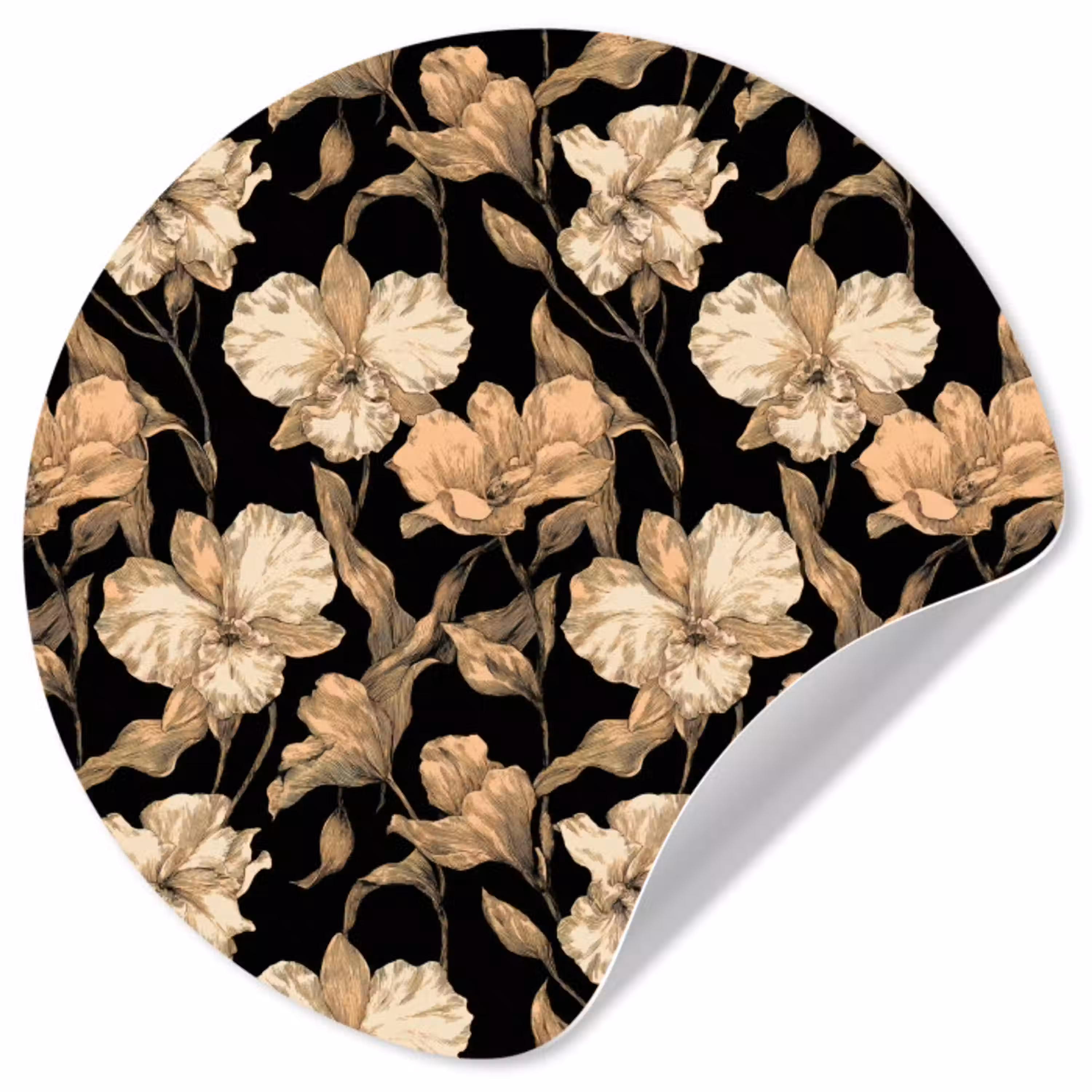 Orchideeën - Lijntekening - Patroon - Beige - Zwart Wandcirkel behangsticker klein 186 -3d