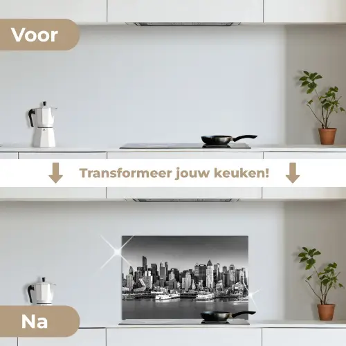 Skyline - Stad - Wolkenkrabbers - Zwart - Wit keuken achterwand spatscherm klein -voor_na_NL