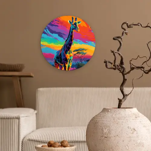 Giraffe - Savanna - Lucht - Gekleurd Wandcirkel kunststof plaat 5mm dik klein -sfeer1