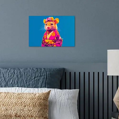 Muis - Kimono - Bloemen - Blauw poster papier klein -sfeer2