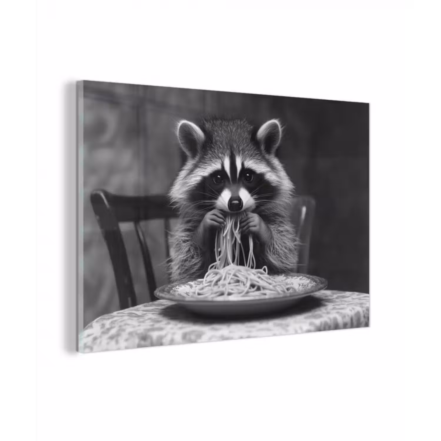 Glasbild - Waschbär - Niedlich - Pasta - Tischtuch - Schwarz - Weiß