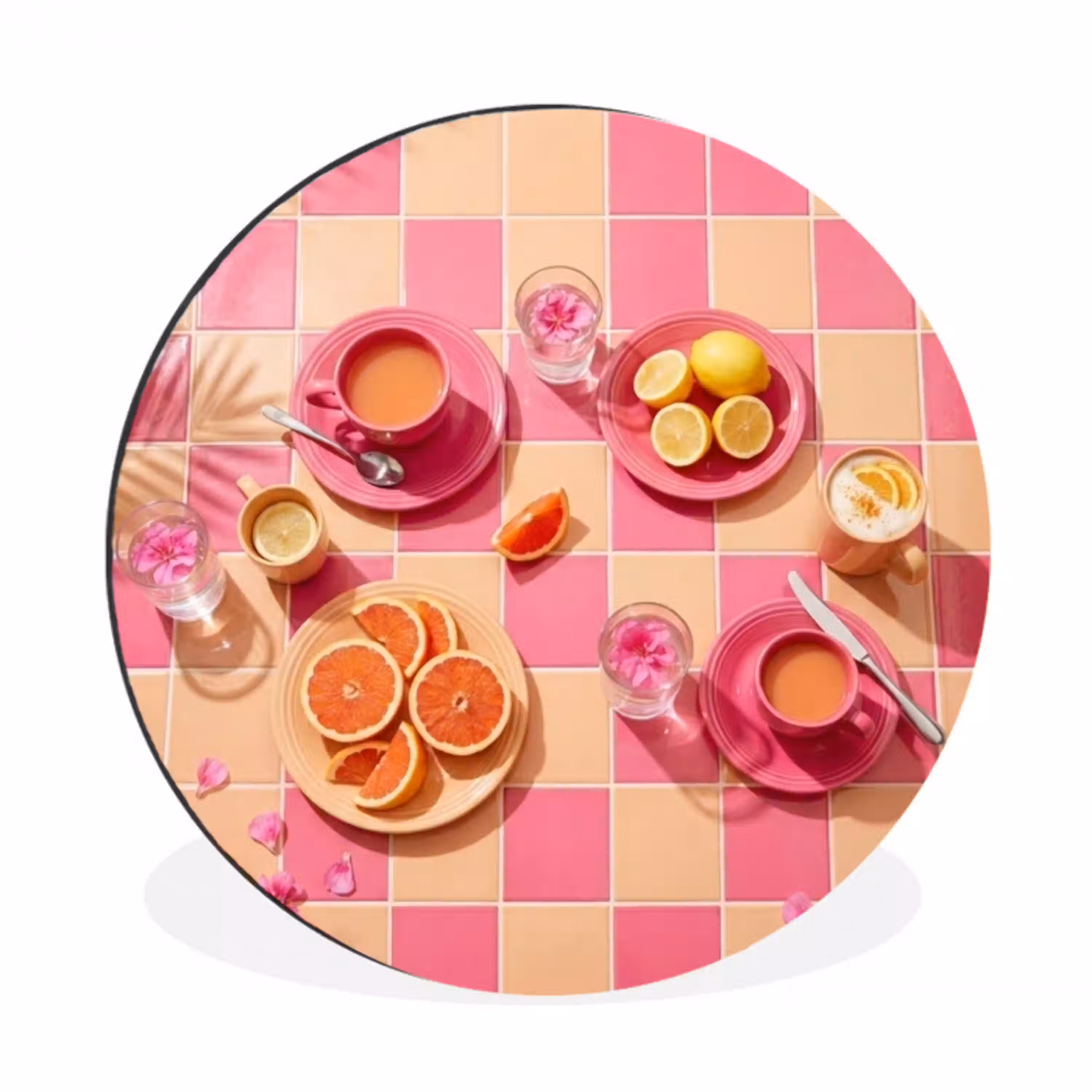 Eten - Citrusvruchten - Stillevens - Roze - Oranje Wandcirkel aluminium klein -3d