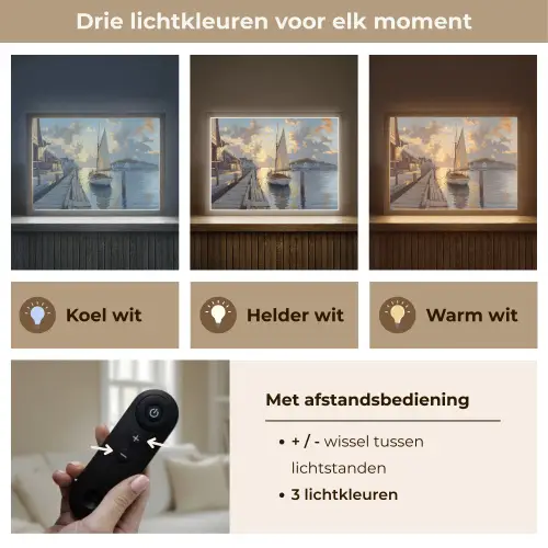 Zeilboot - Zon - Pier - Hout Light Box met batterij (Wandlamp) middel -USP_lichtkleurNL