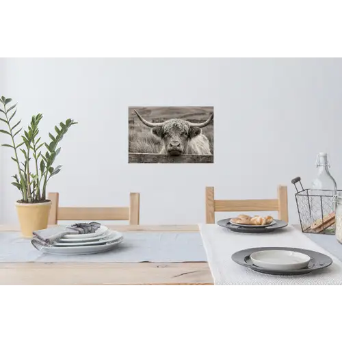 Schotse hooglander - Zwart - Wit - Hout Muursticker klein -eettafel