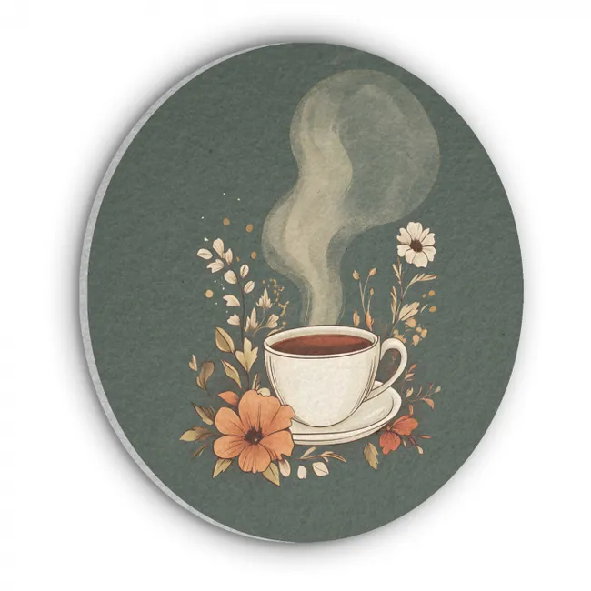Akoestisch schilderij rond - Kop - Bloemen - Groen - Koffie