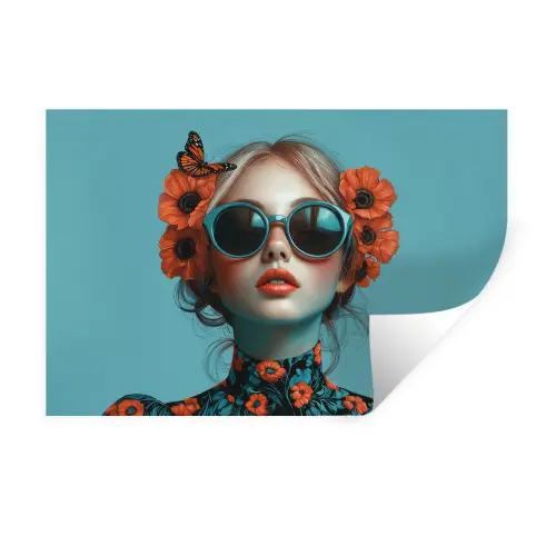 Vrouw - Blauw - Vlinder - Bloemen - Aesthetic Muursticker klein -3d