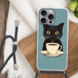 Kat - Zwart - Koffie - Minimalistisch Hoesje iPhone 16 Pro Max met koord klein -sfeer4