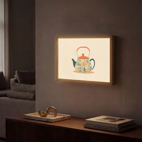 Oranje - Theepot - Bloemen - Bladeren Light Box met batterij (Wandlamp) middel -sfeer1