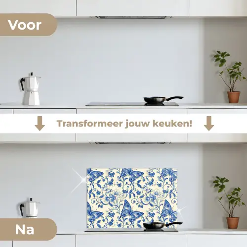 Vlinders - Bloemen - Blauw - Botanisch keuken achterwand spatscherm klein 900 -voor_na_NL