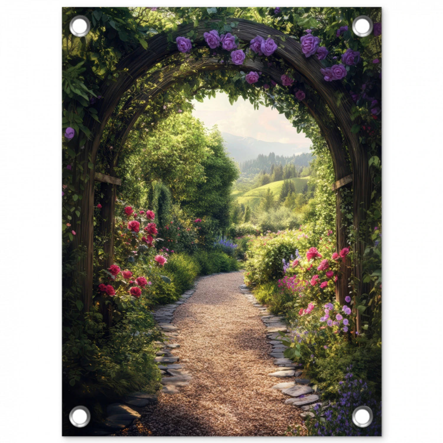 Doorkijk - Landschap - Bloemen - Tuinboog - Natuur tuinposter los doek klein -3d