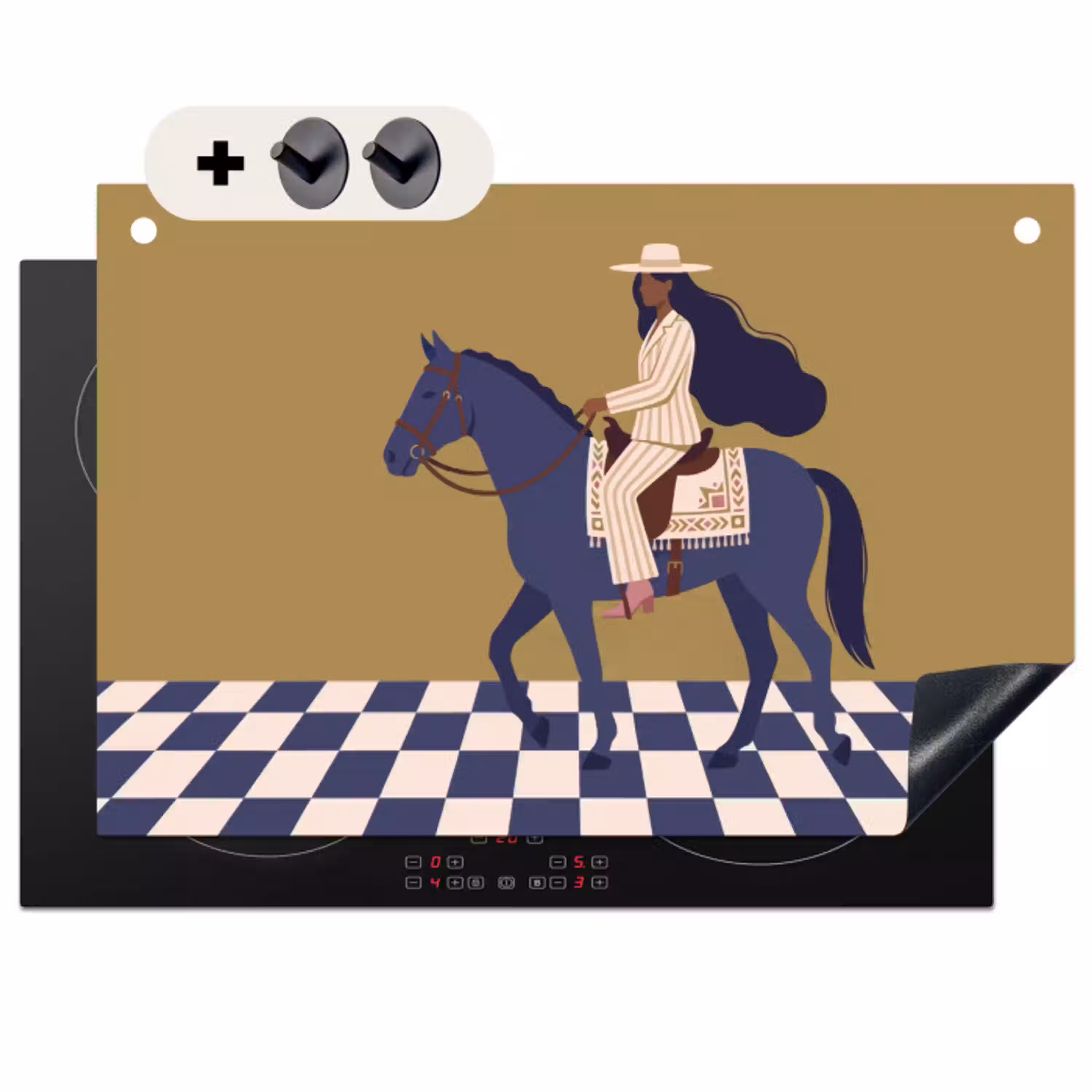 Vrouw - Paard - Rijden - Modern - Abstract Inductie beschemer met haakjes klein -3d