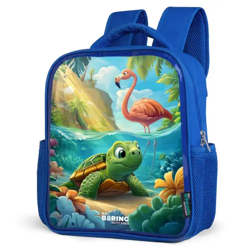 Schildpad in tropisch water met flamingo Kinderrugzak - Blauw middel -schuin