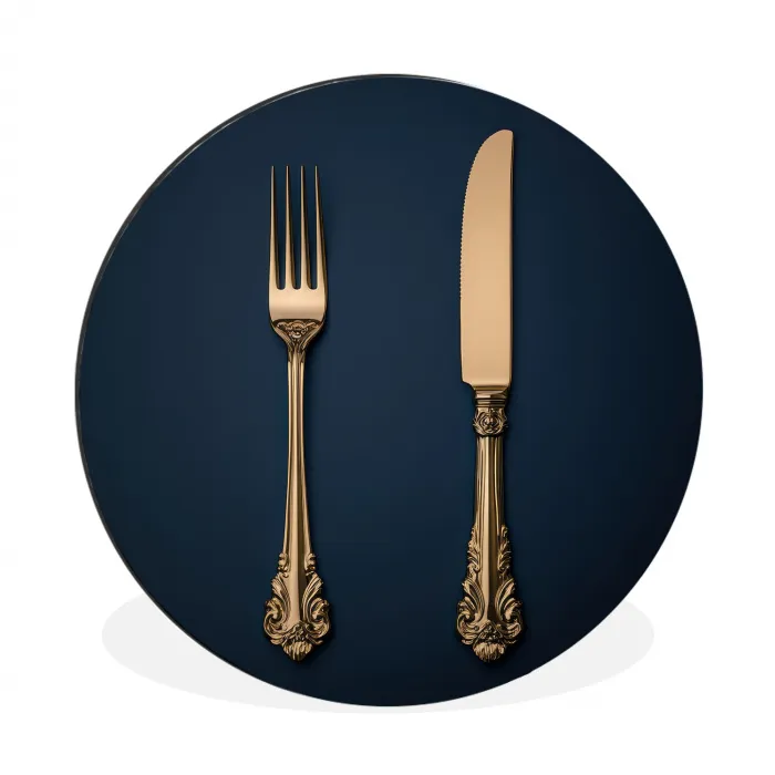 Bestek - Donkerblauw - Goud Wandcirkel aluminium klein -3d
