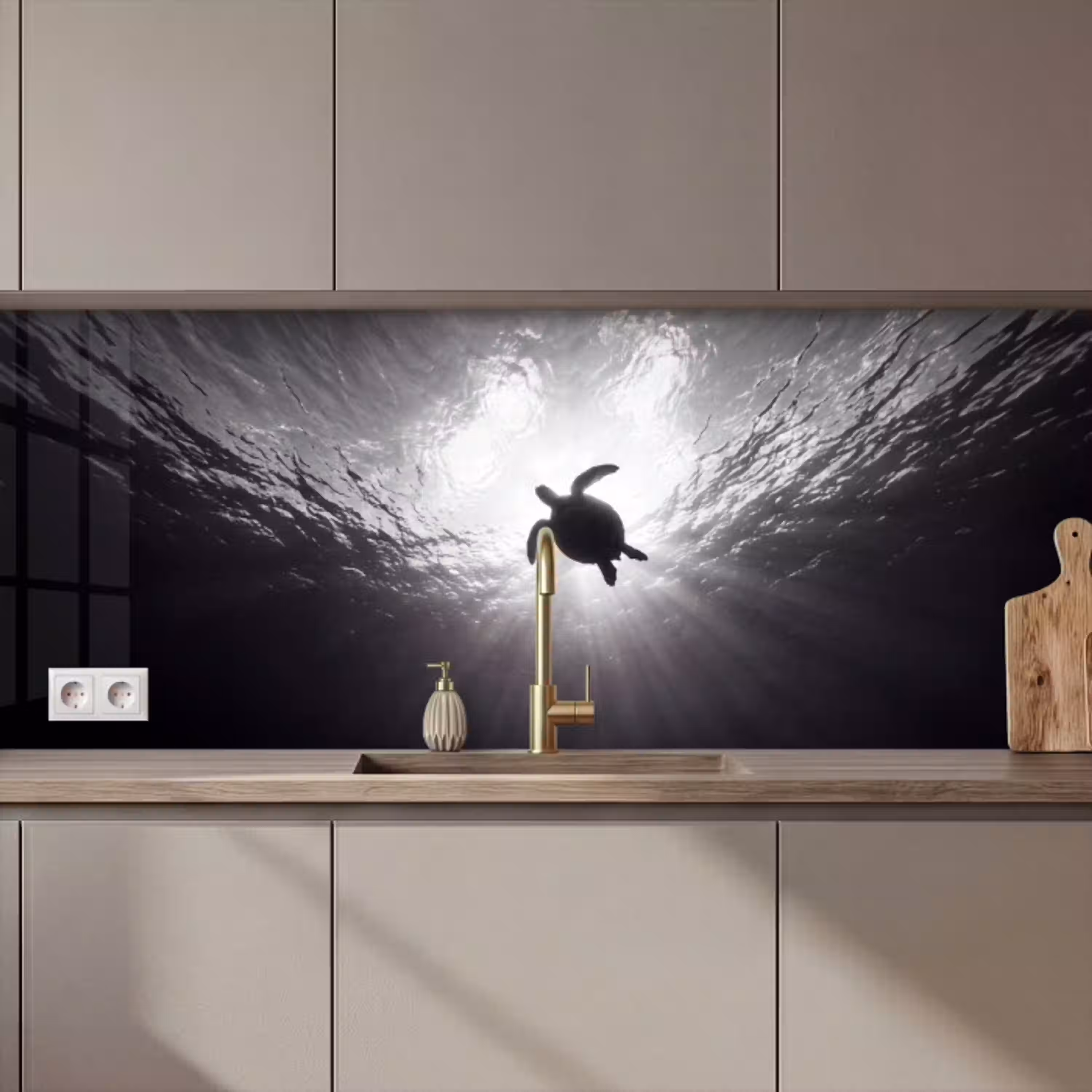 Schildpad - Onderwater - Lichtstralen - Oceaan - Zwart-wit keuken achterwand 2 middel zz_3dshopping